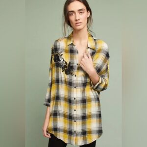 Yellow Plaid Button-Front Tunic Top with Black Floral Embroidery